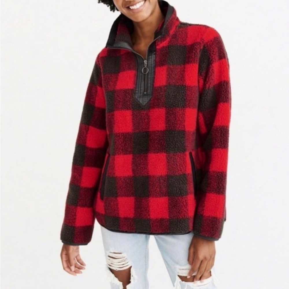 Abercrombie & Fitch Plaid Teddy Fuzzy PSherpa Pullover Fleece x Side Pockets, L